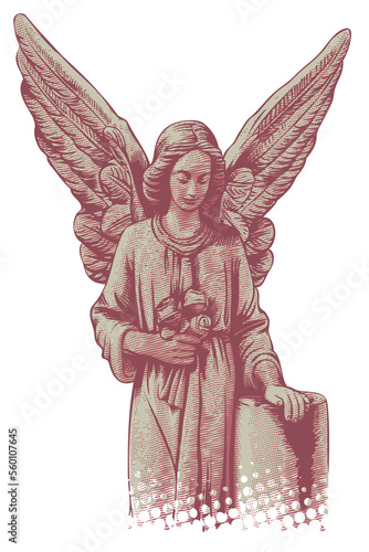 Konstfotografi Sad guardian angel with wings and a bouquet of roses, a sculpture in a Christian