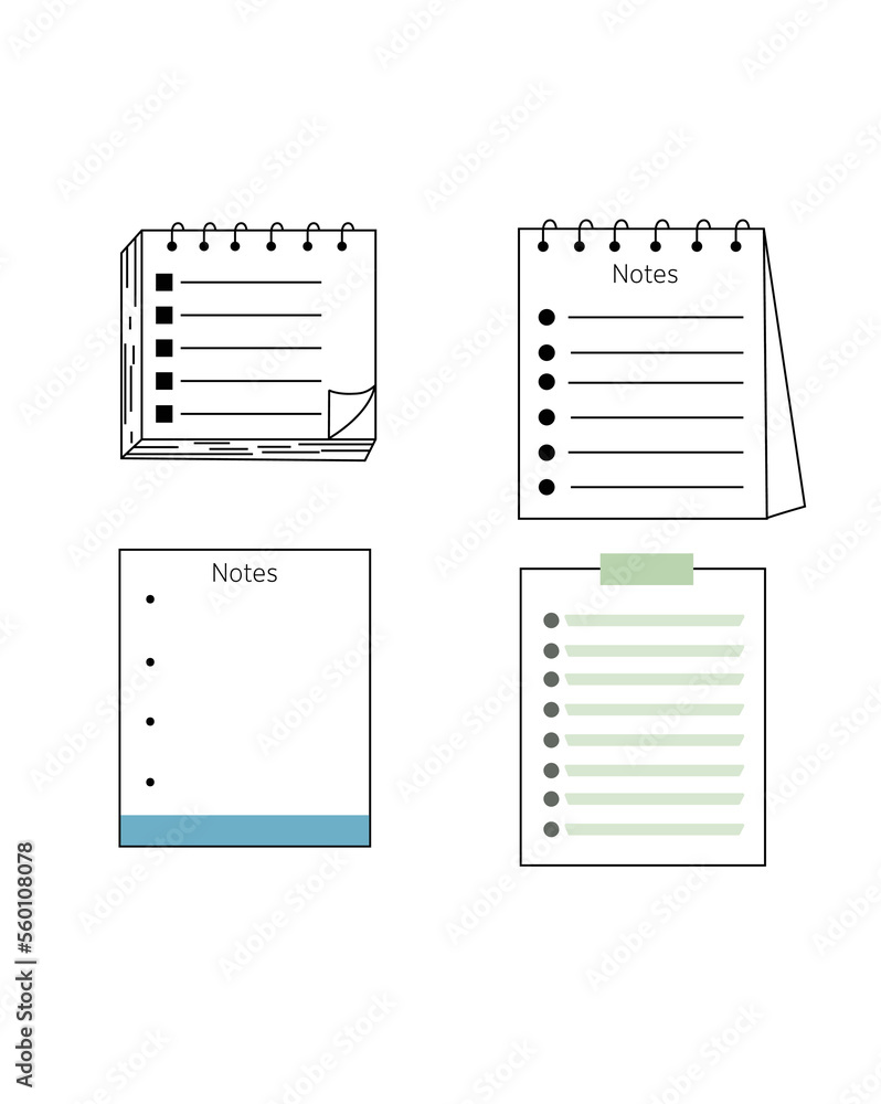 Set of different note papers. Notes paper sheets attached. Set of different note papers. Notes paper sheets attached.