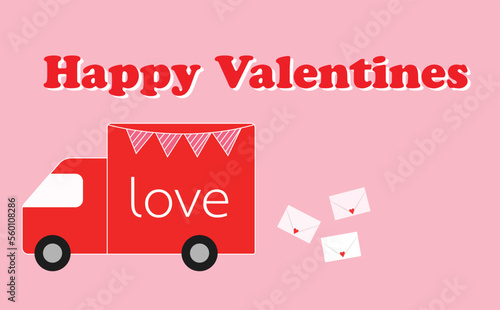 Love truck Valentine's day, cute red car carries heart maill. photo