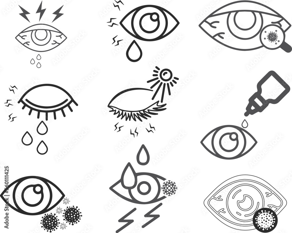 Eye infection icon set, eye diseases icon set black vector