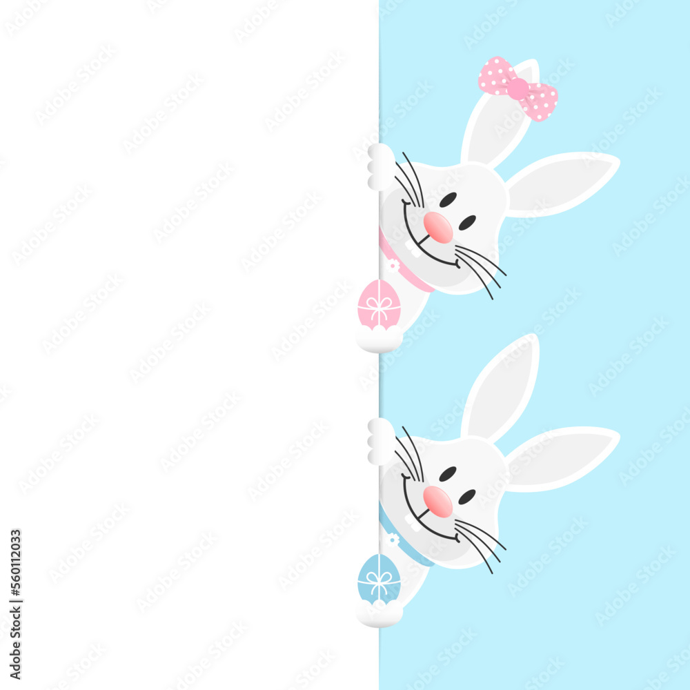 Fototapeta premium Weiße Osterhasen Mädchen & Junge Ostereier Übereinander Banner Vertikal Himmel