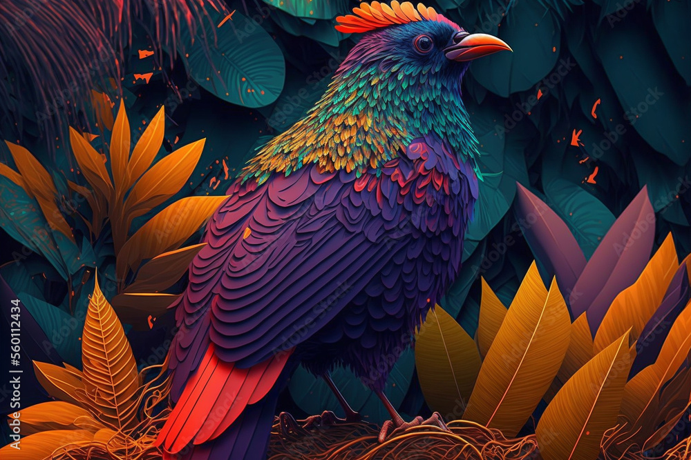Naklejka premium A colorful bird is standing in the jungle, Generative AI