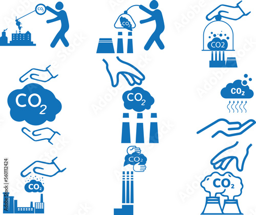 Hands capture co2 cloud icon set, capture co2 gas icon set blue vector