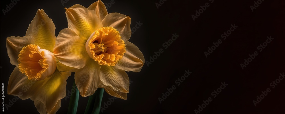 orange daffodil flower on black background. Generative AI picture.