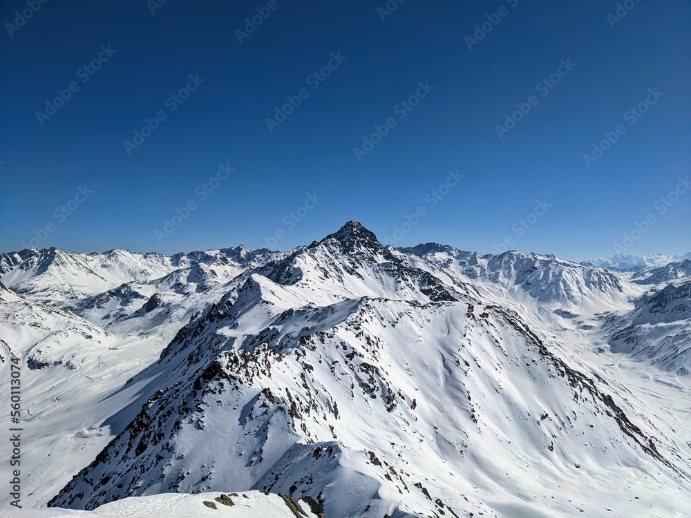 Sentisch Horn in the Fluela Valley. Ski touring on the Sentisch Horn and Baslersch Chopf above Davos. winter sports.