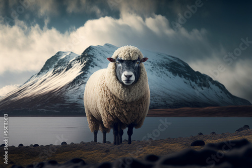 A sheep standing in a field with a mountain in the background in winter, Generative AI