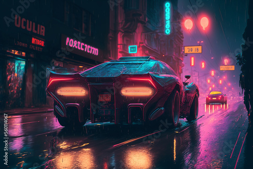 A futuristic car with neon lights driving down a street, Generative AI