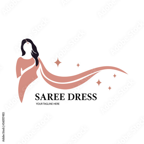 Saree logo design with women figure template. Women india dress or clothing logo design.