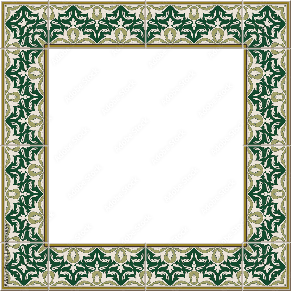 Antique square tile frame botanic garden vintage pattern green leaf kaleidoscope