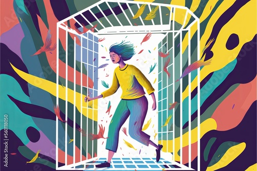 A young woman steps out of the cage. The female character is getting out of a confined space photo