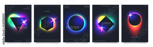 Abstract futuristic posters with neon eclipse effect, modern sci-fi print with vivid gradient form on black background. Cyberpunk aesthetic cover with geometric frame, space poster vector template set