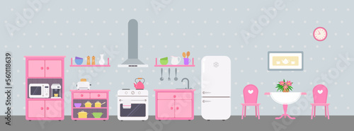 Pink kitchen with utensils, kitchen appliances and dining table. Doll house interior concept. Cartoon flat style. Vector illustration