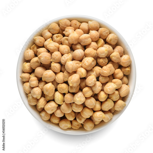 Raw chickpea beans in white bowl isolated on white. Top view.
