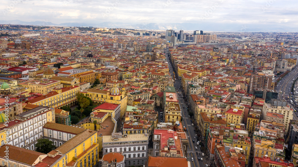 Aerial view of Corso Umberto I in Naples, Italy. This is one of the main roads in city traffic. In the background is the business center of the city.