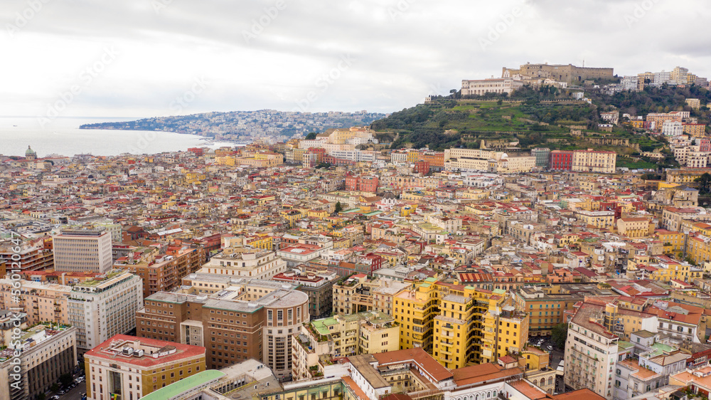 Fototapeta premium Aerial view of the Charterhouse of St. Martin, a former monastery complex, now a national museum, and Sant' Elmo castle. They are located on Vomero hill, that commands the city of Naples in Italy.