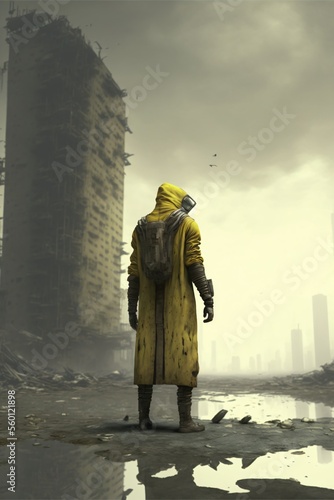 person with a yellow protective suit in a destroyed city, contaminated,irradiated,fictional person made with generative ai photo