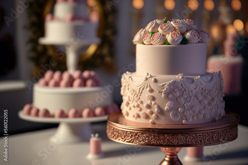 Two-tiered elegant weddig cake. Generative AI photo