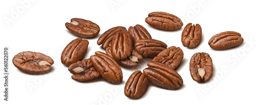 Shelled pecans isolated on white background. Nuts scattered. Horizontal layout