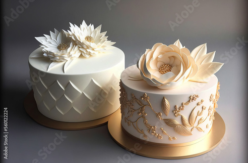 White and golden wedding cakes. Generative AI photo
