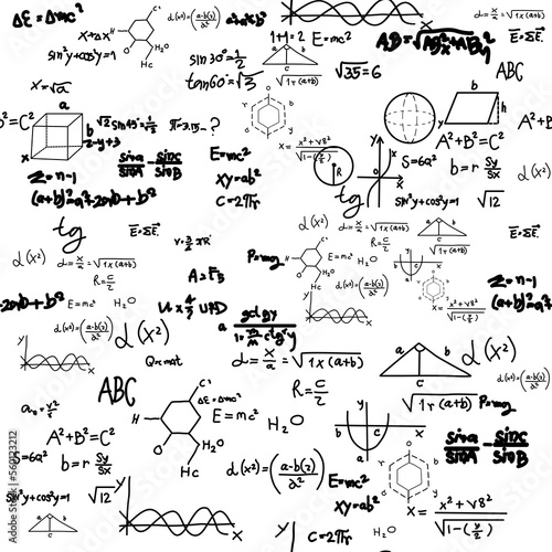 Molecular physical equations and formulas on school board Vector hand drawn illustration. Science and education background. Maths seamless pattern. Tile for endless background