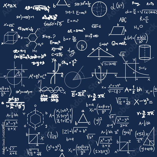 Molecular physical equations and formulas on school board Vector hand drawn illustration. Science and education background. Maths seamless pattern. Tile for endless background