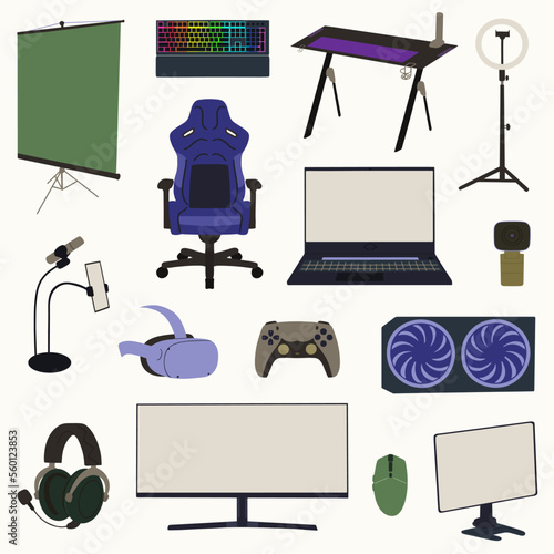Collection with game streamer elements. Digital equipment for play or work. Concept cyberspace technology. Pc, monitor, mouse, controller. Professional device set. Vector illustration.
