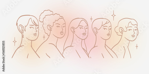 8 march, International Women's Day. Vector templates for card, poster, flyer and social media design. Women stand together and support each other. Line art or oultine style. Female character portrait.