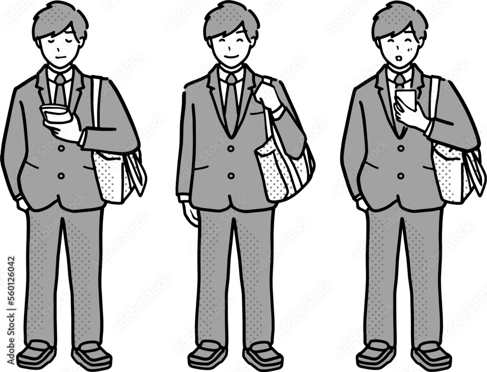 学生鞄を持って通学する制服を着た男子高生の全身イラストセット モノクロ