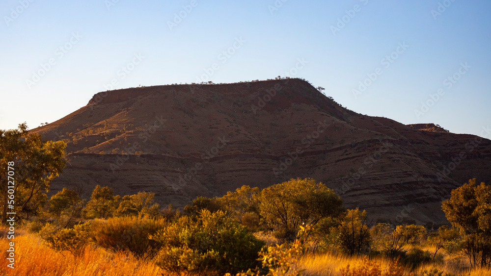 Sunrise over mighty mountains in karijini national park in western australia; Australian outback with red rocks, distinctive trees and mountains in the background