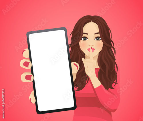 Shhh... Pretty woman keeps fingers on lips, demonstrates silence sign, has a secret showing blank phone screen vector illustration