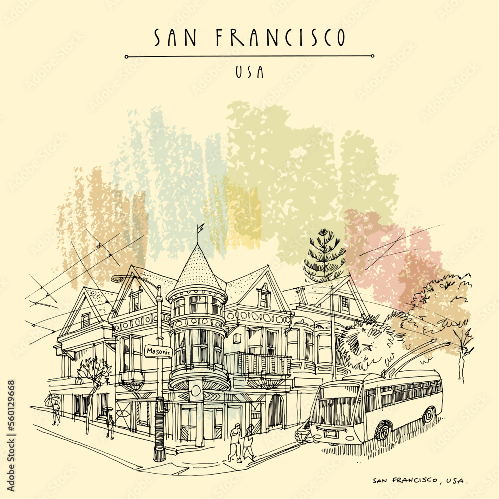 Vector San Francisco, California, USA vintage hand drawn postcard or poster. Trolleybus on the route in the streets of the old town
