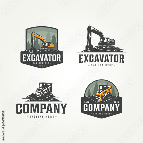 set of machine construction logo template vector illustration design. heavy equipment skid steer and excavator machine badge logo concept