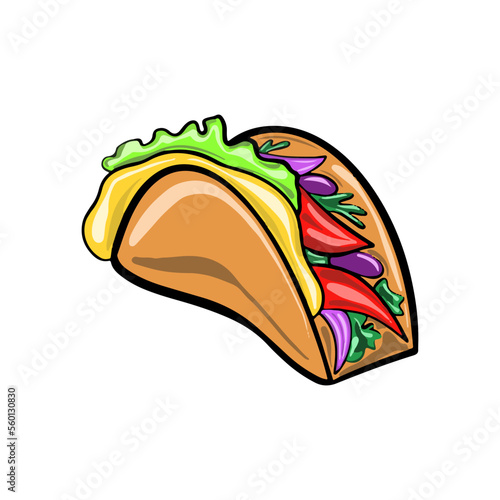 Vector illustration Mexican taco carne asada with fresh salsa in cute cartoon style. Traditional Mexican dish.