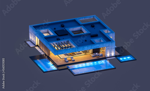 3d rendering of new concrete house in modern style with pool and parking for sale or rent only one floor in evening. Isolated on black