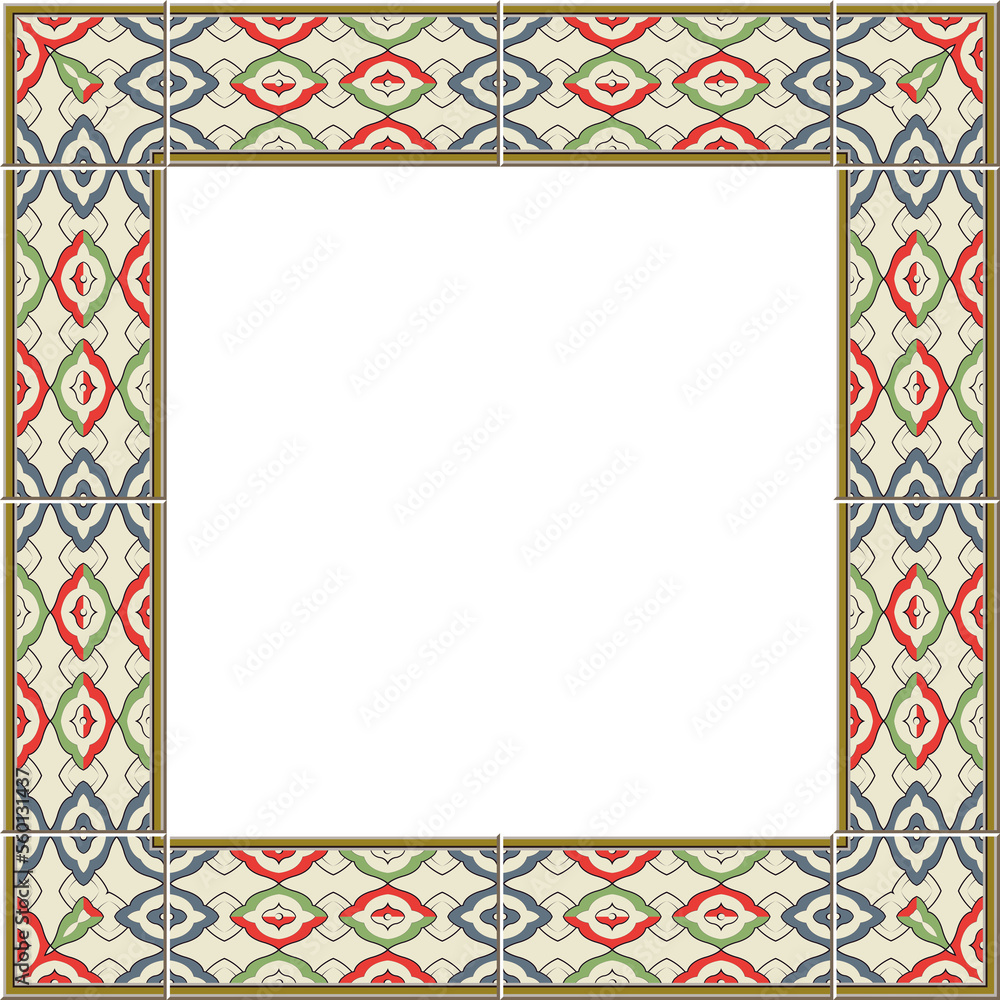Obraz premium Antique square tile frame botanic garden vintage pattern oriental spiral curve cross chain
