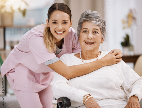 Women portrait, senior or wheelchair support in nursing home, house living room or wellness rehabilitation clinic. Smile, happy or healthcare nurse with retirement elderly in disability mobility aid