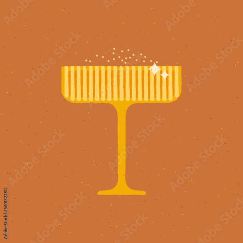 Retro champagne dessert glass. Vector flat illustration with texture
