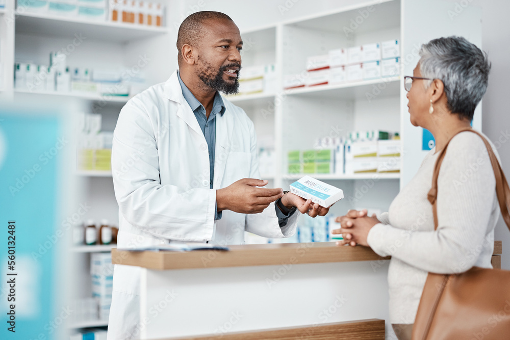 Healthcare, pharmacist and woman at counter with medicine or prescription drugs purchase at drug store. Health, wellness and medical insurance, black man and customer at pharmacy for advice and pills Healthcare, pharmacist and woman at counter with medicine or prescription drugs purchase at drug store. Health, wellness and medical insurance, black man and customer at pharmacy for advice and pills