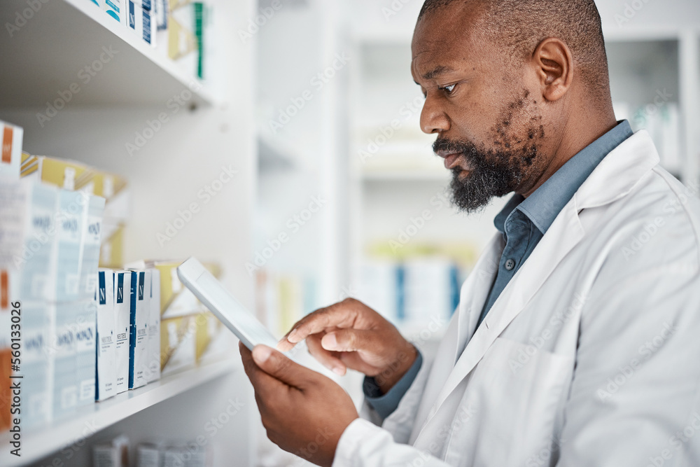 Pharmacy, medicine and black man with tablet to check inventory, stock and medication for online prescription. Healthcare, medical worker and pharmacist with pills, health products and checklist