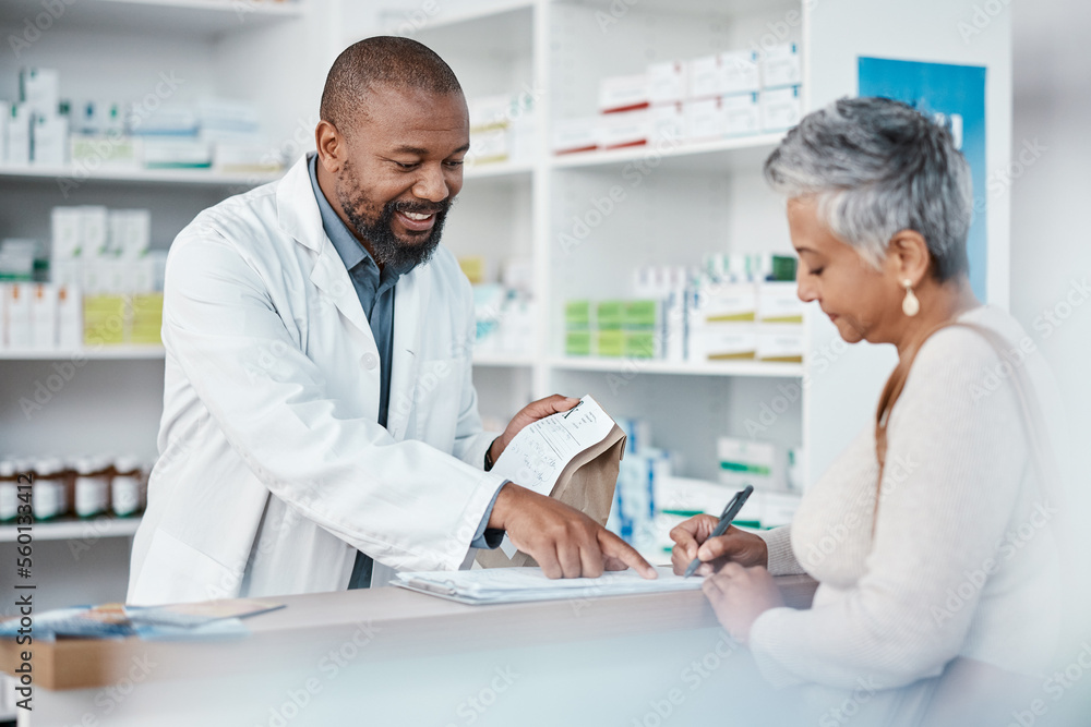 Pharmacy, black man and woman with healthcare medicine and conversation for instructions. Pharmacist, female patient and medical professional talking, stress and explain for customer and frustrated.