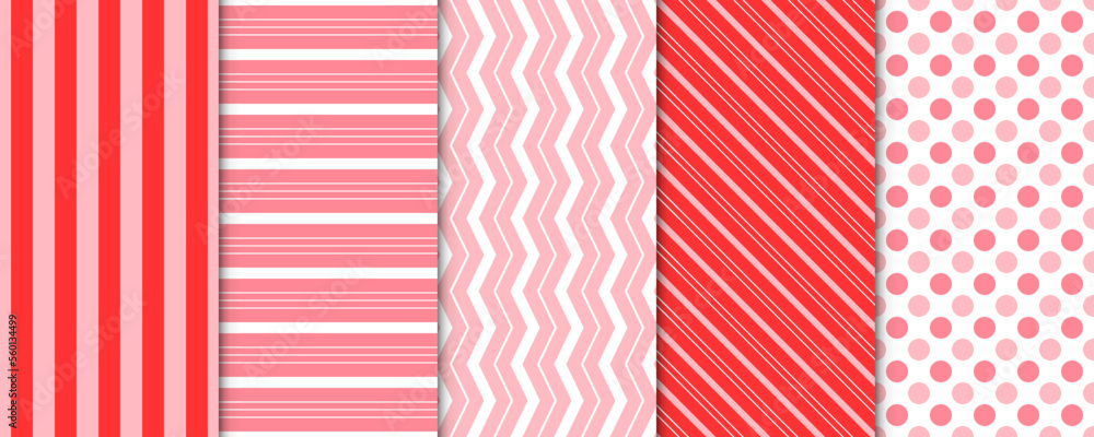 Fototapeta premium Set of 5 Elegant Seamless Pattern with Pink Decorative Elements for Gift Wrap Paper, Fabric, Card, Background