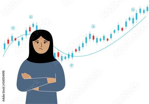 A arab woman on the background of a Forex chart. Conceptual illustration on the topic of strategic planning in trading on the stock exchange.
