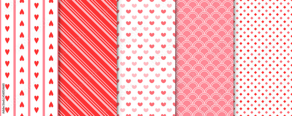 Set of 5 Elegant Seamless Pattern with Pink Decorative Elements for Gift Wrap Paper, Fabric, Card, Background Set of 5 Elegant Seamless Pattern with Pink Decorative Elements for Gift Wrap Paper, Fabric, Card, Background