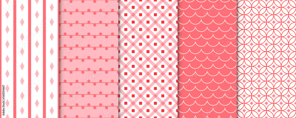 Set of 5 Elegant Seamless Pattern with Pink Decorative Elements for Gift Wrap Paper, Fabric, Card, Background