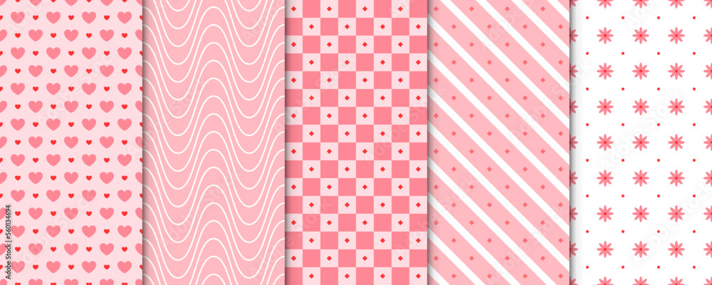 Set of 5 Elegant Seamless Pattern with Pink Decorative Elements for Gift Wrap Paper, Fabric, Card, Background Set of 5 Elegant Seamless Pattern with Pink Decorative Elements for Gift Wrap Paper, Fabric, Card, Background