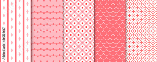 Set of 5 Elegant Seamless Pattern with Pink Decorative Elements for Gift Wrap Paper, Fabric, Card, Background