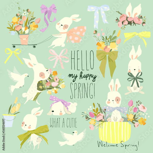 Cartoon Spring Bunnies with Flowers and Bows