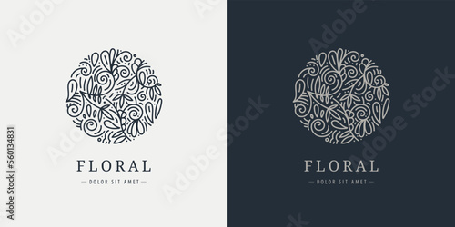 Vector linear plant logo. Circle luxury organic emblem. Abstract badge for natural products, flower shop, cosmetics, ecology concepts, health, spa, yoga center. Leaves and florals icon.