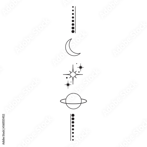 Magic boho line tattoo with stars, moon, planet, dot. Mystic hand drawn geometric illustration. Bohemian design. Esoteric logo icon with stars