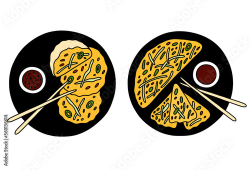 Pajeon with soy sauce and food sticks on the plate, korean traditional food. Vector set.
